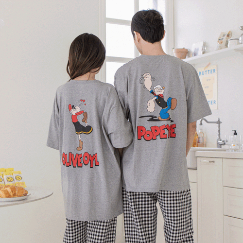 [당일출고/커플 시밀러룩] 러브 뽀빠이 올리브 반팔 티셔츠 &amp; 올리브 원피스 잠옷